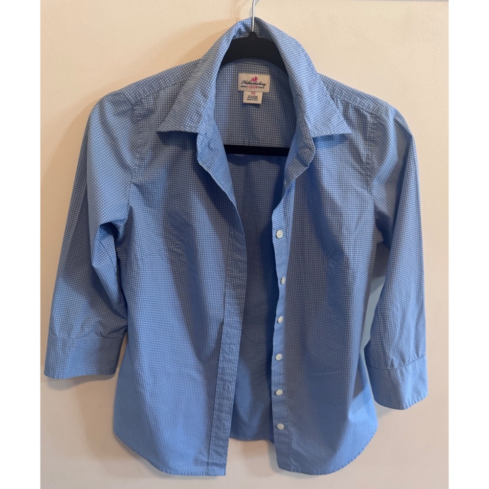 J. Crew Haberdashery Blue White Polka Dot Stretch 3/4 Sleeve Button Down Shirt